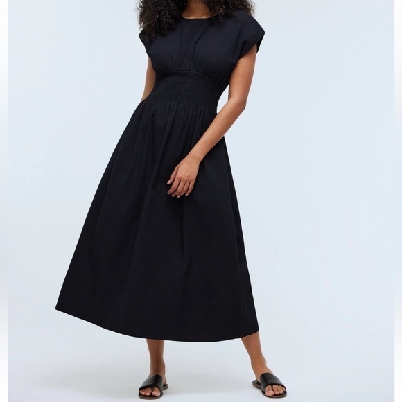 Madewell Smocked-Waist Midi Dress in True Black Seersucker size XS NWT NP123 - Picture 2 of 12